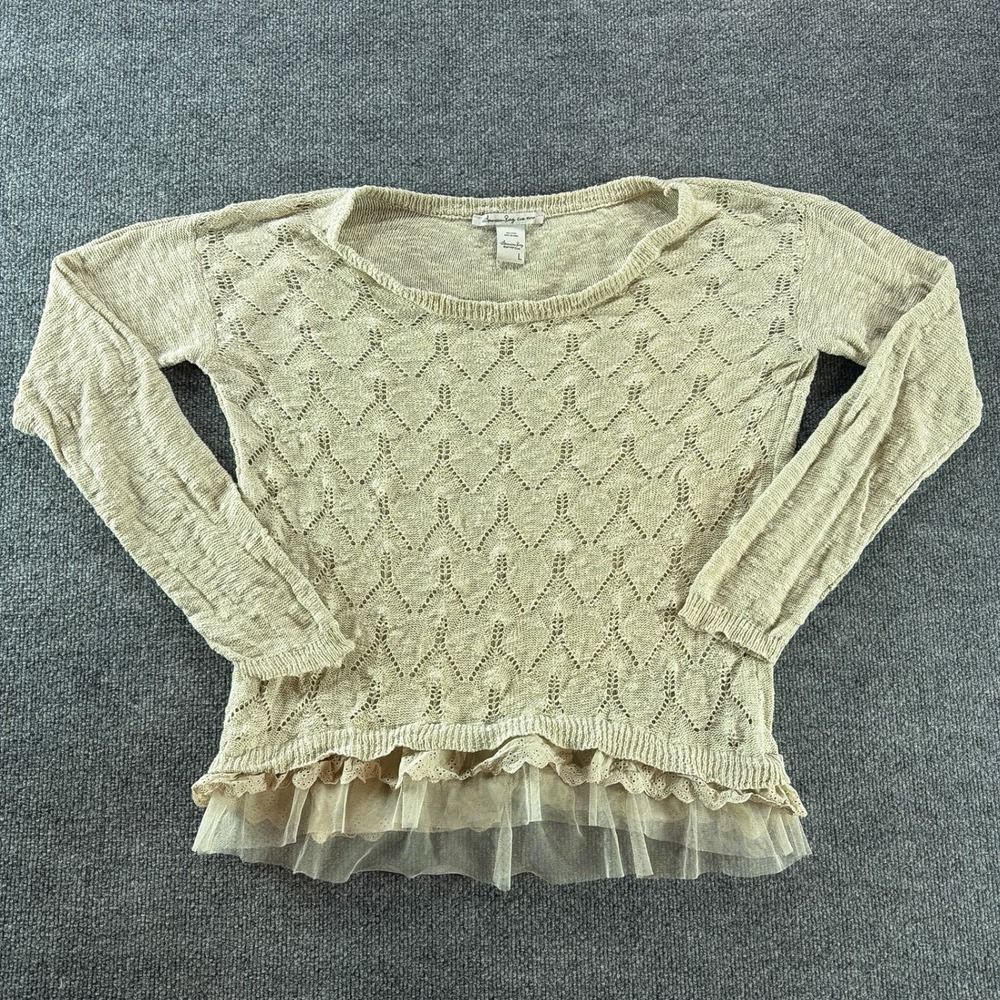 American Rag Cie Tan Open Knit Lace Tulle Ruffle Hem Sweater Large Boho Top Cute